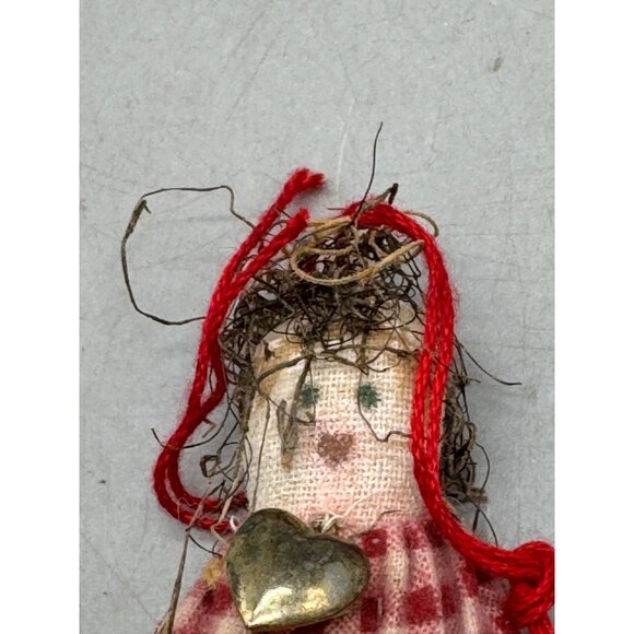 Vintage Handmade Cloth Doll Ornament With Red Gingham Dress & Heart Charm READ - Picture 2 of 6